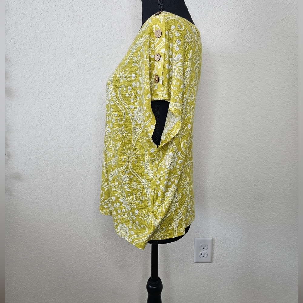 Joie Linen Blend Boho Print Yellow Green Button Detail Scoopneck Paisley Top - Picture 5 of 8